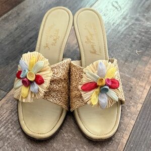 Handmade Raffia Slide Sandals with Floral Accent - Yellow